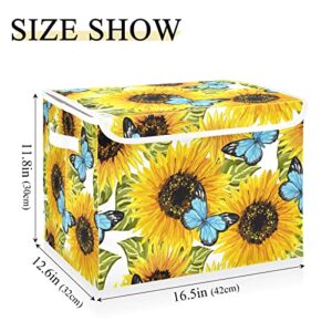 innewgogo Sunflowers Blue Butterflies Storage Bins with Lids for Organizing Large Collapsible Storage Bins with Handles Oxford Cloth Storage Cube Box for Car