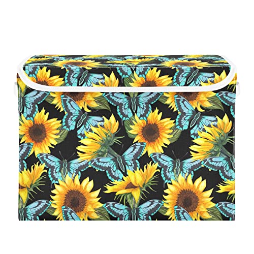 innewgogo Sunflower Butterflies Storage Bins with Lids for Organizing Dust-proof Storage Bins with Handles Oxford Cloth Storage Cube Box for Study Room