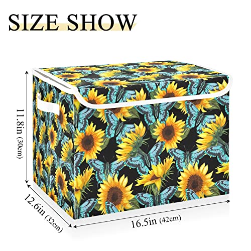 innewgogo Sunflower Butterflies Storage Bins with Lids for Organizing Dust-proof Storage Bins with Handles Oxford Cloth Storage Cube Box for Study Room