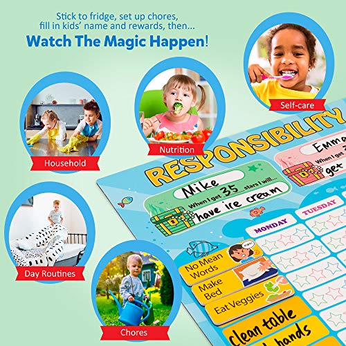 D-FantiX Magnetic Responsibility Chart and Visual Schedule Cards for Kids, Chore Chart for Multiple Kids, My Star Reward Chart Daily Routine Good Behavior Charts Dry Erasable for Toddlers at Home