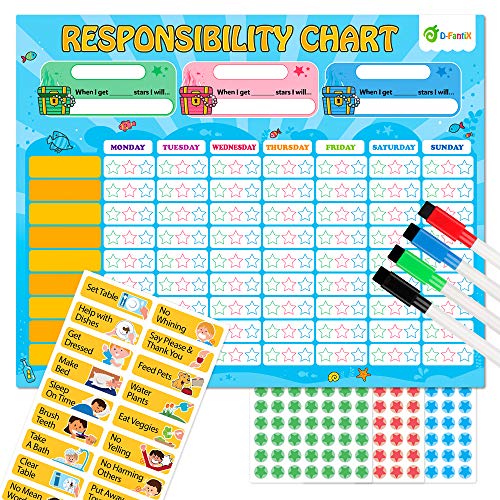 D-FantiX Magnetic Responsibility Chart and Visual Schedule Cards for Kids, Chore Chart for Multiple Kids, My Star Reward Chart Daily Routine Good Behavior Charts Dry Erasable for Toddlers at Home