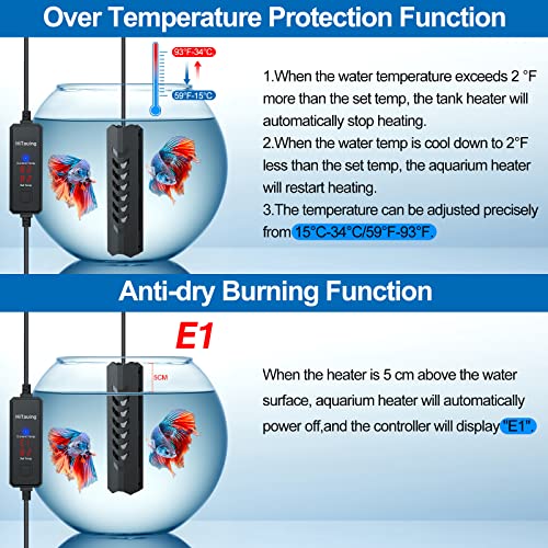 HiTauing Small Aquarium Heater, 75W Adjustable Fish Tank Heater Betta Heater Turtle Heater Mini Submersible Aquarium Heater with Automatic Power-Off Function When Leaving Water for 20-25 Gallon Tanks