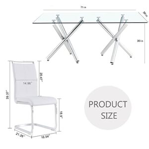 Baysitone 71inch Glass Dining Table Set for 8, Kitchen Table Set with Upholstered PU Leather Dining Chairs, Modern Tempered Glass Dinner Table Set with 8 Metal Frame Chairs, White