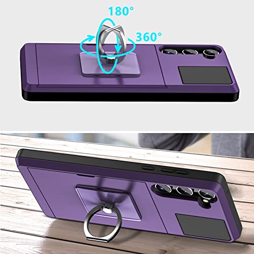 Vofolen for Samsung Galaxy S23 Case Wallet Credit Card Holder with Transparent Ring Stand Kickstand, Camera Lens Protector Hidden Pocket Anti-Scratch Dual Layer Slim Protective Cover 6.1"5G GreyPurple
