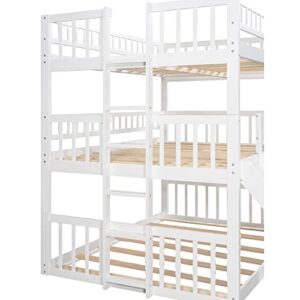 OYN Wooden Full-Over-Full-Over-Full Triple Bed Frame with 2 Built-in Ladder and Slide ,Triple Bed with Full Length Guardrails for Children, Teens ,Boys & Girls, White