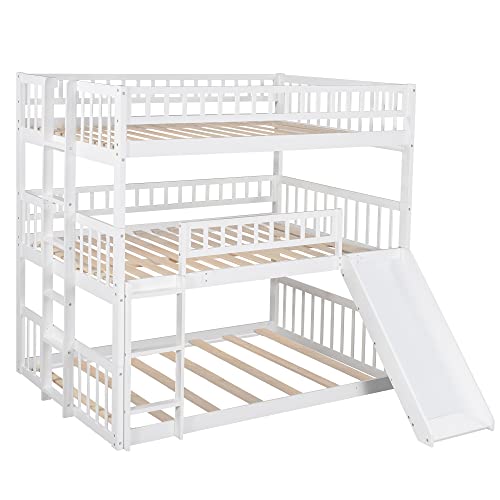 OYN Wooden Full-Over-Full-Over-Full Triple Bed Frame with 2 Built-in Ladder and Slide ,Triple Bed with Full Length Guardrails for Children, Teens ,Boys & Girls, White