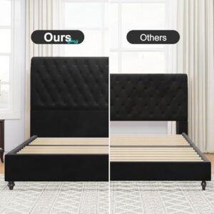 Jocisland Upholstered Bed Frame Queen Size Velvet Tufted Bed Frame Sleigh Headboard Black