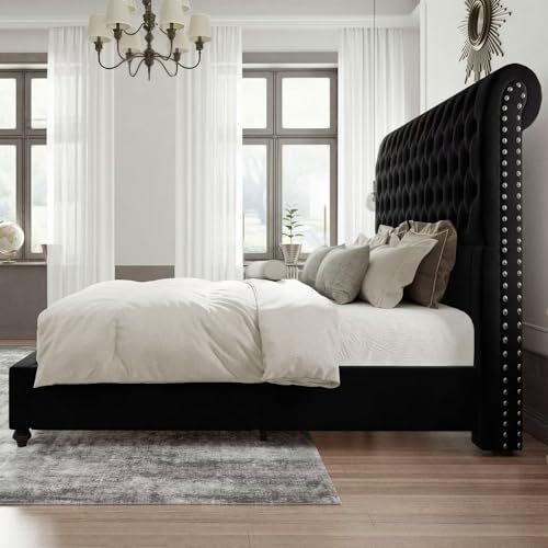 Jocisland Upholstered Bed Frame Queen Size Velvet Tufted Bed Frame Sleigh Headboard Black