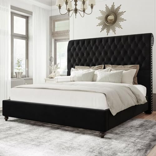 Jocisland Upholstered Bed Frame Queen Size Velvet Tufted Bed Frame Sleigh Headboard Black