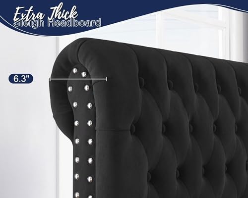 Jocisland Upholstered Bed Frame Queen Size Velvet Tufted Bed Frame Sleigh Headboard Black