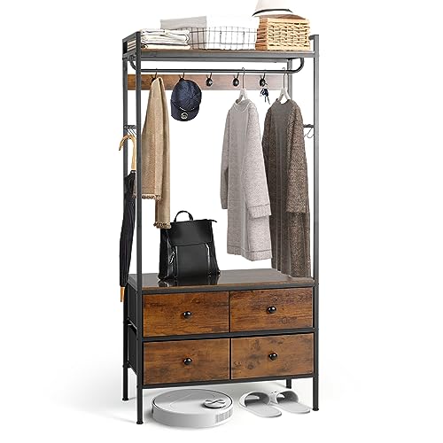 YIGOBUY Free Standing Coat Rack Hall Tree with Industrial Garment Rack with Shelves Drawers and Hooks, Small Clothes Rack for Bedroom, Living Room，Entryway Rustic