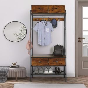 YIGOBUY Free Standing Coat Rack Hall Tree with Industrial Garment Rack with Shelves Drawers and Hooks, Small Clothes Rack for Bedroom, Living Room，Entryway Rustic