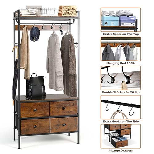 YIGOBUY Free Standing Coat Rack Hall Tree with Industrial Garment Rack with Shelves Drawers and Hooks, Small Clothes Rack for Bedroom, Living Room，Entryway Rustic