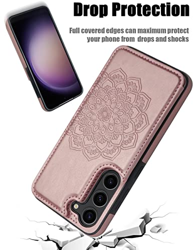 MMHUO for Samsung Galaxy S23 Case with Card Holder,Flower Magnetic Back Flip Case for Samsung Galaxy S23 Wallet Case for Women,Protective Case Phone Case for Samsung Galaxy S23 5G (2023),Rose Gold