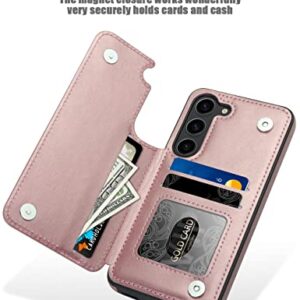 MMHUO for Samsung Galaxy S23 Case with Card Holder,Flower Magnetic Back Flip Case for Samsung Galaxy S23 Wallet Case for Women,Protective Case Phone Case for Samsung Galaxy S23 5G (2023),Rose Gold