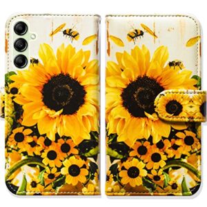 bcov galaxy a14 5g case, sunflower bee flip phone case wallet cover with card slot holder kickstand for samsung galaxy a14 5g