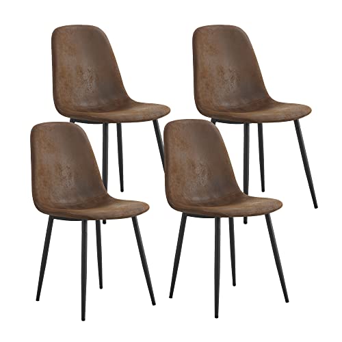 MEMUY Dining Chairs Set of 4 Faux Leather Upholstered Dining Chairs Mid Century Modern Chair Accent Side Chairwith Black Metal Legs for Living Room Kitchen（Brown）