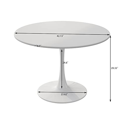 DKLGG 42" Modern Round Dining Table with MDF Table Top, Metal Base Pedestal Table Tulip Table Kitchen Table for 4-6 Person, Small Space Home, End Table Leisure Coffee Table, White