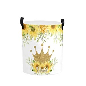 floral crown princess sunflower personalized laundry basket hamper,collapsible storage baskets with handles for kids room,clothes, nursery decor