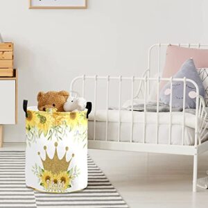 Floral Crown Princess Sunflower Personalized Laundry Basket Hamper,Collapsible Storage Baskets with Handles for Kids Room,Clothes, Nursery Decor