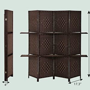 4 Panel Room Dividers and Folding Privacy Screens, 71 Inch High Hand-Woven Design Room Divider Folding Wall Dividers with Shelves, Portable Partition Screen for Room,Freestanding Room Separator, Brown