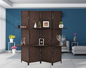 4 panel room dividers and folding privacy screens, 71 inch high hand-woven design room divider folding wall dividers with shelves, portable partition screen for room,freestanding room separator, brown