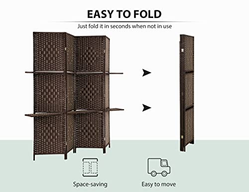 4 Panel Room Dividers and Folding Privacy Screens, 71 Inch High Hand-Woven Design Room Divider Folding Wall Dividers with Shelves, Portable Partition Screen for Room,Freestanding Room Separator, Brown