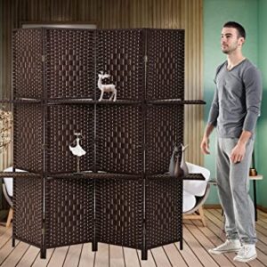 4 Panel Room Dividers and Folding Privacy Screens, 71 Inch High Hand-Woven Design Room Divider Folding Wall Dividers with Shelves, Portable Partition Screen for Room,Freestanding Room Separator, Brown