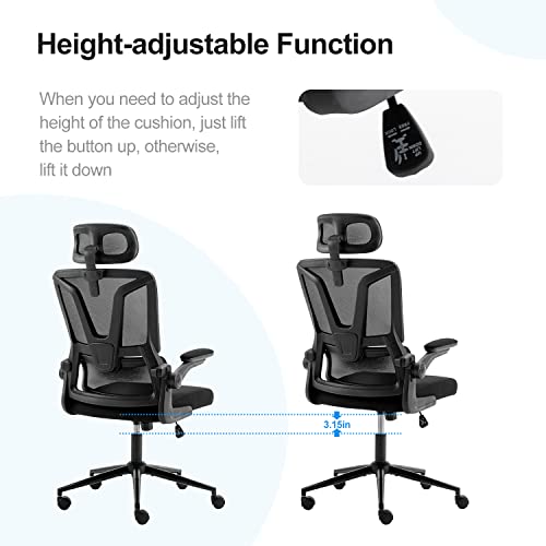 Height-Adjustable Ergonomic Desk Chair Office Chair with Lumbar Support Breathable Mesh Computer Chair Rolling Chair with Adjustable Headrest and Flip-up Armrests for Home and Office (Black)