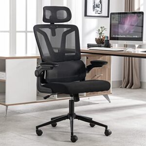 height-adjustable ergonomic desk chair office chair with lumbar support breathable mesh computer chair rolling chair with adjustable headrest and flip-up armrests for home and office (black)