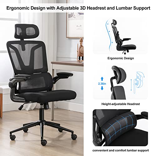 Height-Adjustable Ergonomic Desk Chair Office Chair with Lumbar Support Breathable Mesh Computer Chair Rolling Chair with Adjustable Headrest and Flip-up Armrests for Home and Office (Black)