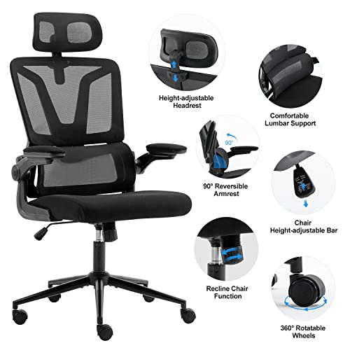 Height-Adjustable Ergonomic Desk Chair Office Chair with Lumbar Support Breathable Mesh Computer Chair Rolling Chair with Adjustable Headrest and Flip-up Armrests for Home and Office (Black)