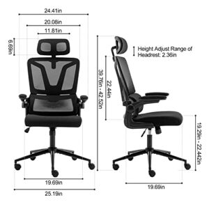 Height-Adjustable Ergonomic Desk Chair Office Chair with Lumbar Support Breathable Mesh Computer Chair Rolling Chair with Adjustable Headrest and Flip-up Armrests for Home and Office (Black)