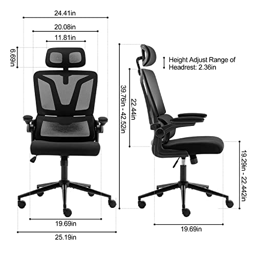 Height-Adjustable Ergonomic Desk Chair Office Chair with Lumbar Support Breathable Mesh Computer Chair Rolling Chair with Adjustable Headrest and Flip-up Armrests for Home and Office (Black)