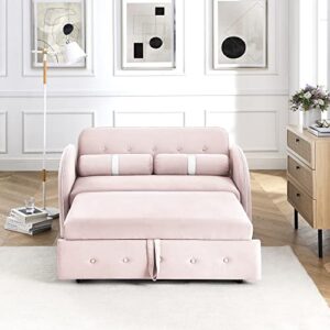 holaki 55.5" pull out sleep sofa bed,modern multi-function velvet couch bed loveseat with adjustable backrest,side pocket and 2 lumbar pillows,sleeper sofa for living room office apartment(pink)