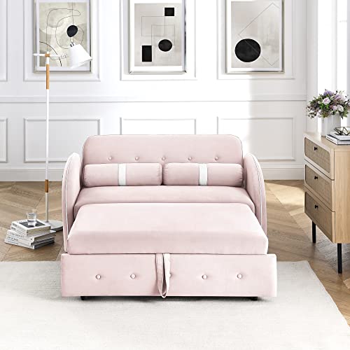 Holaki 55.5" Pull Out Sleep Sofa Bed,Modern Multi-Function Velvet Couch Bed Loveseat with Adjustable Backrest,Side Pocket and 2 Lumbar Pillows,Sleeper Sofa for Living Room Office Apartment(Pink)