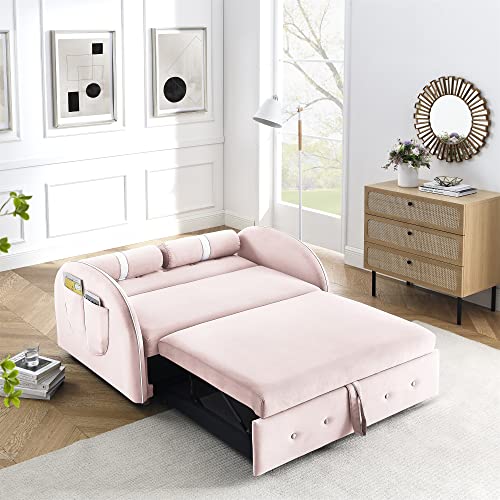 Holaki 55.5" Pull Out Sleep Sofa Bed,Modern Multi-Function Velvet Couch Bed Loveseat with Adjustable Backrest,Side Pocket and 2 Lumbar Pillows,Sleeper Sofa for Living Room Office Apartment(Pink)