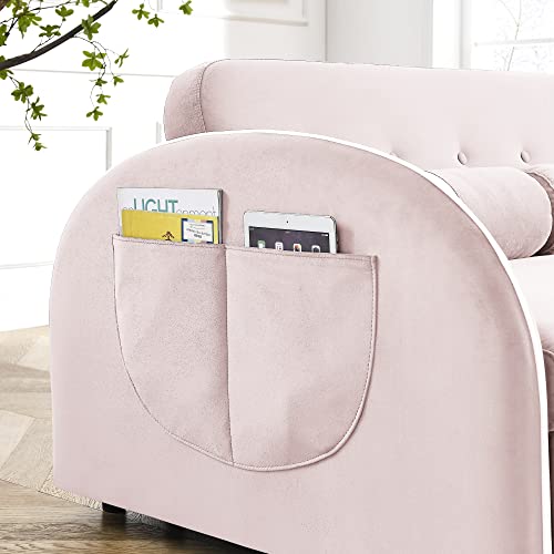 Holaki 55.5" Pull Out Sleep Sofa Bed,Modern Multi-Function Velvet Couch Bed Loveseat with Adjustable Backrest,Side Pocket and 2 Lumbar Pillows,Sleeper Sofa for Living Room Office Apartment(Pink)