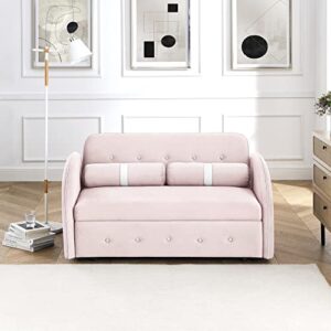 Holaki 55.5" Pull Out Sleep Sofa Bed,Modern Multi-Function Velvet Couch Bed Loveseat with Adjustable Backrest,Side Pocket and 2 Lumbar Pillows,Sleeper Sofa for Living Room Office Apartment(Pink)