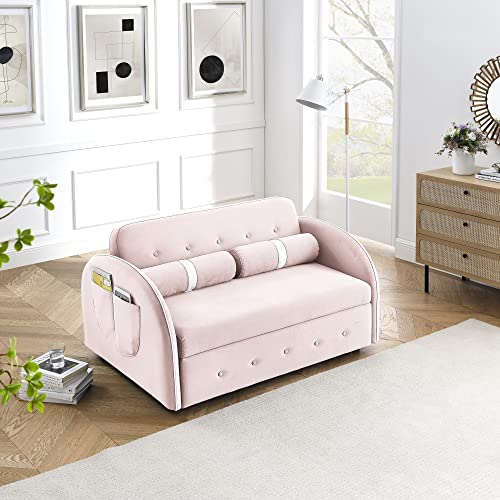 Holaki 55.5" Pull Out Sleep Sofa Bed,Modern Multi-Function Velvet Couch Bed Loveseat with Adjustable Backrest,Side Pocket and 2 Lumbar Pillows,Sleeper Sofa for Living Room Office Apartment(Pink)