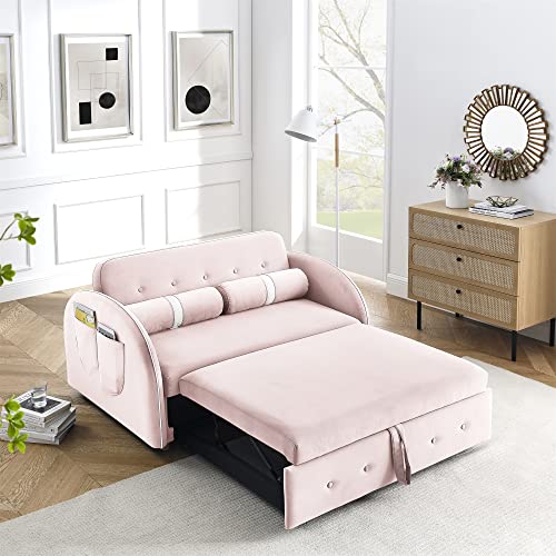 Holaki 55.5" Pull Out Sleep Sofa Bed,Modern Multi-Function Velvet Couch Bed Loveseat with Adjustable Backrest,Side Pocket and 2 Lumbar Pillows,Sleeper Sofa for Living Room Office Apartment(Pink)