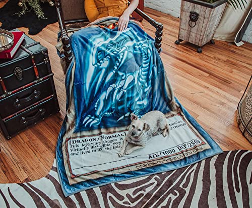 Surreal Entertainment Yu-Gi-Oh! Blue-Eyes White Dragon Card Fleece Throw Blanket | Anime Plush Soft Cover For Sofa, Bed | 45 x 60 Inches, Gold