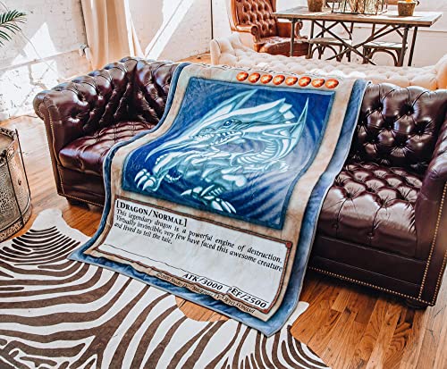 Surreal Entertainment Yu-Gi-Oh! Blue-Eyes White Dragon Card Fleece Throw Blanket | Anime Plush Soft Cover For Sofa, Bed | 45 x 60 Inches, Gold