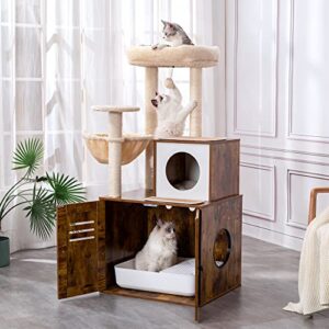 meowsir cat tree with litter box enclosure 2 in 1 modern 50 inches wood cat tower with litter box hidden, large condo, spacious perch, hammock and fully sisal post for indoor cats