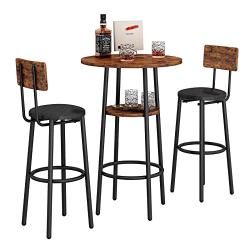 GNIXUU 3-Piece Pub Table and Chairs Set of 2,Round Bistro Bar Table Set, High Top Kitchen Table and 2 Upholstered Stools for Small Space Rustic Brown (23.62 inches)