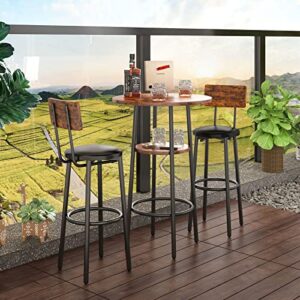 GNIXUU 3-Piece Pub Table and Chairs Set of 2,Round Bistro Bar Table Set, High Top Kitchen Table and 2 Upholstered Stools for Small Space Rustic Brown (23.62 inches)