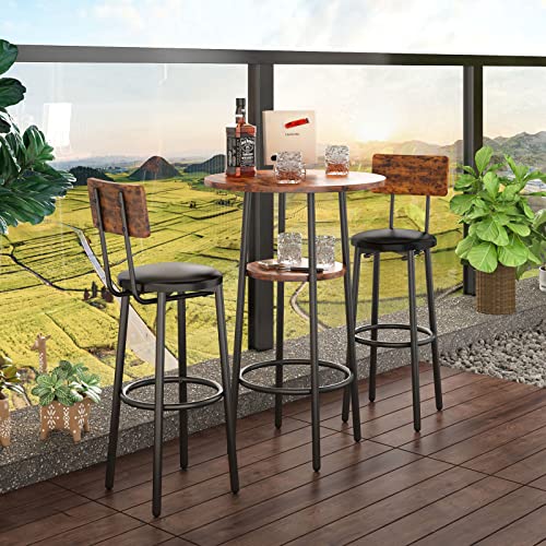 GNIXUU 3-Piece Pub Table and Chairs Set of 2,Round Bistro Bar Table Set, High Top Kitchen Table and 2 Upholstered Stools for Small Space Rustic Brown (23.62 inches)