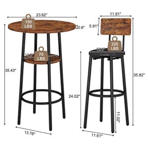 GNIXUU 3-Piece Pub Table and Chairs Set of 2,Round Bistro Bar Table Set, High Top Kitchen Table and 2 Upholstered Stools for Small Space Rustic Brown (23.62 inches)