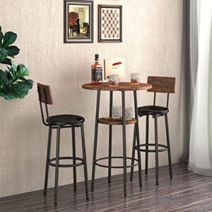 GNIXUU 3-Piece Pub Table and Chairs Set of 2,Round Bistro Bar Table Set, High Top Kitchen Table and 2 Upholstered Stools for Small Space Rustic Brown (23.62 inches)