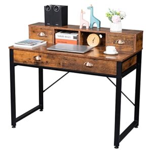 koilys computer desk with drawers and monitor stand, 42" home office study writing desk, industrial laptop desk workstation, small writing desk with 4 drawers for small place